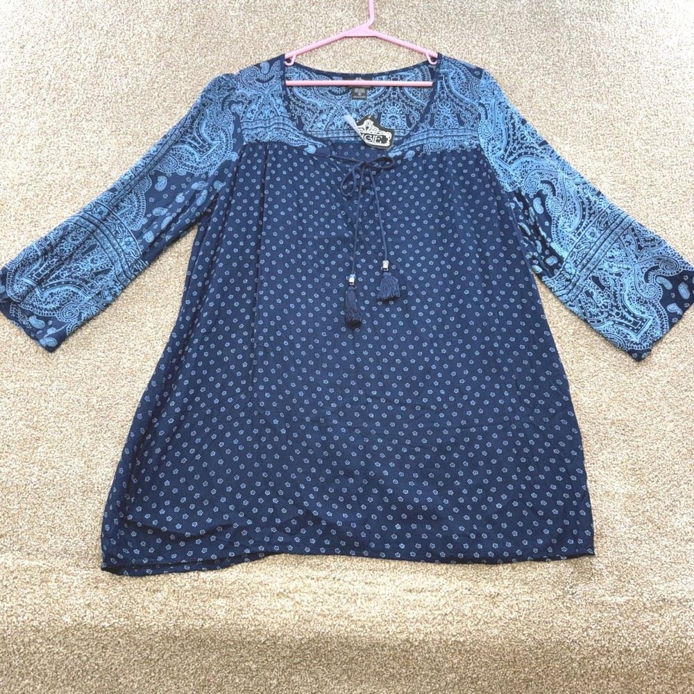 Angie Womens Navy Blue Paisley Mixed Print Tassel Tie NEW Tunic Top Medium Boho
